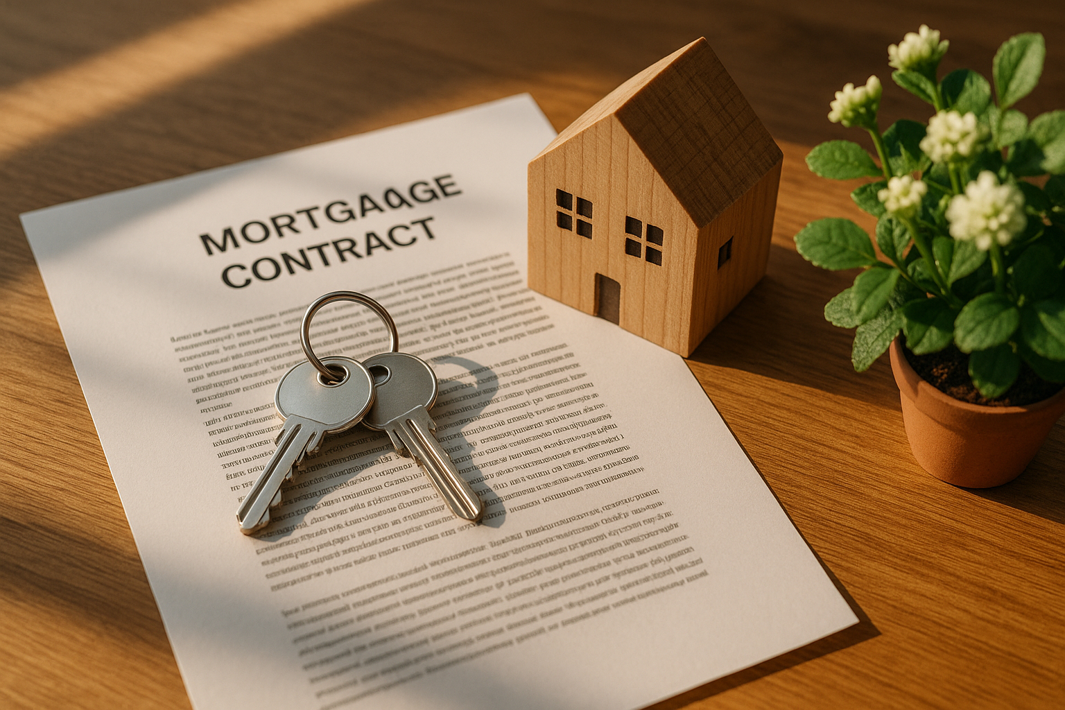 Clés de maison sur contrat de prêt avec petite maison en bois et plante verte