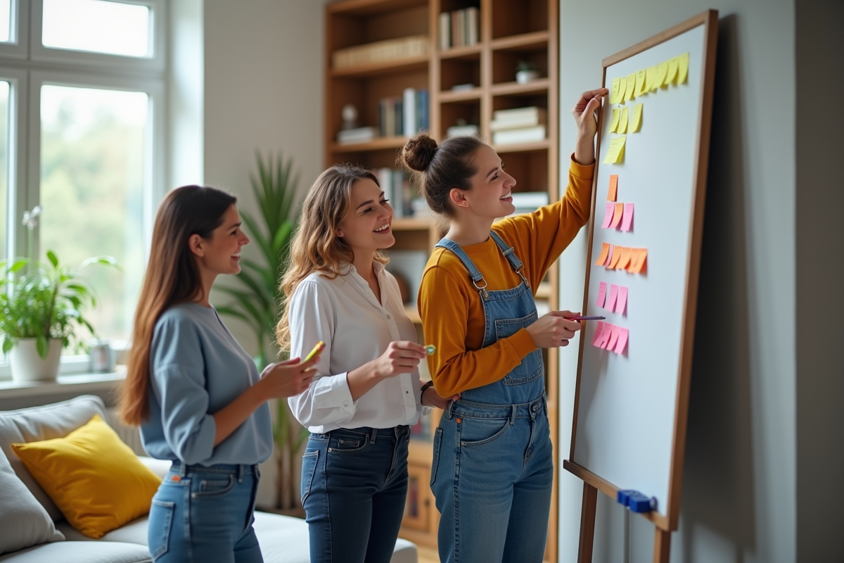 Colocataires collant des notes de dépenses sur un tableau blanc