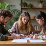 Trois jeunes adultes signant un document dans un appartement moderne