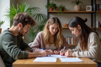 Trois jeunes adultes signant un document dans un appartement moderne