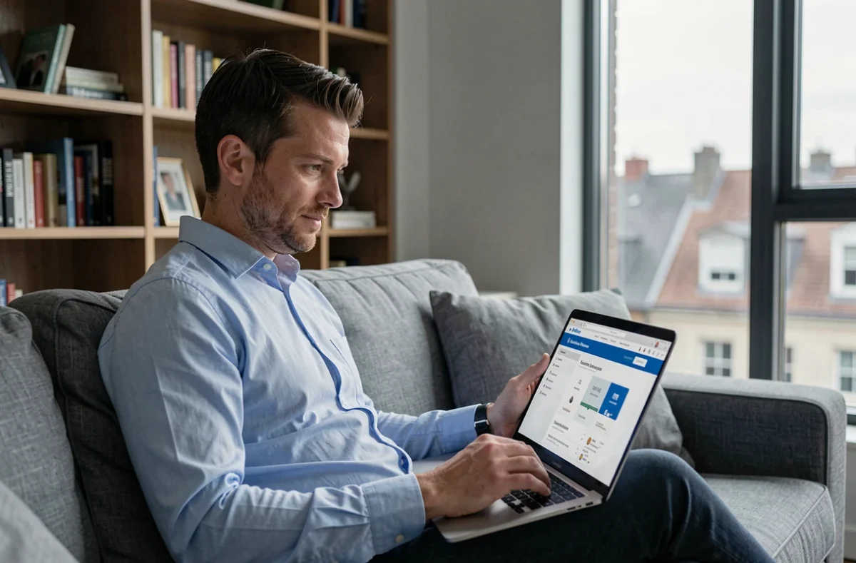 Locataire masculin comparant des offres d'assurance habitation en ligne sur son canapé