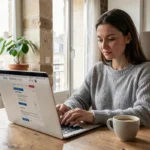 Femme comparant des offres d'assurance habitation sur un ordinateur portable dans un appartement de Nantes