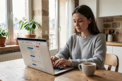 Femme comparant des offres d'assurance habitation sur un ordinateur portable dans un appartement de Nantes