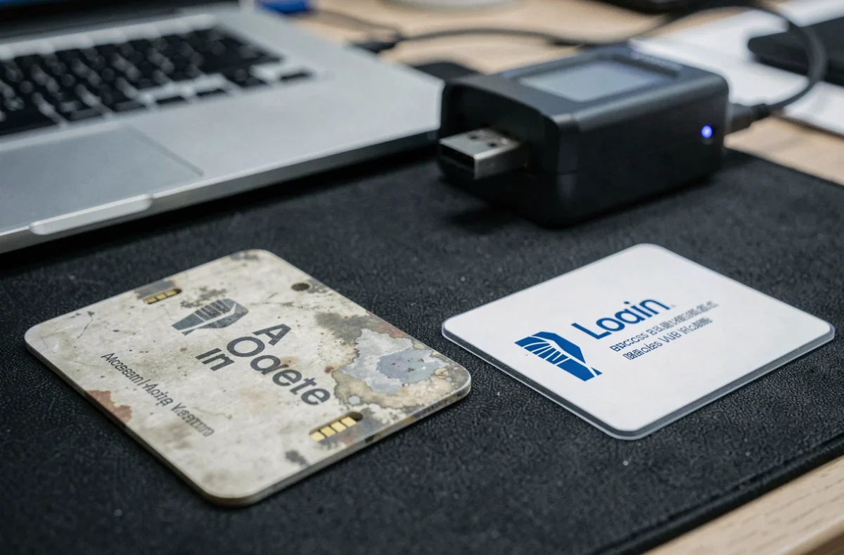 Gros plan de deux badges d'accès posés côte à côte sur un tapis de travail avec un duplicateur de carte USB en arrière-plan flou