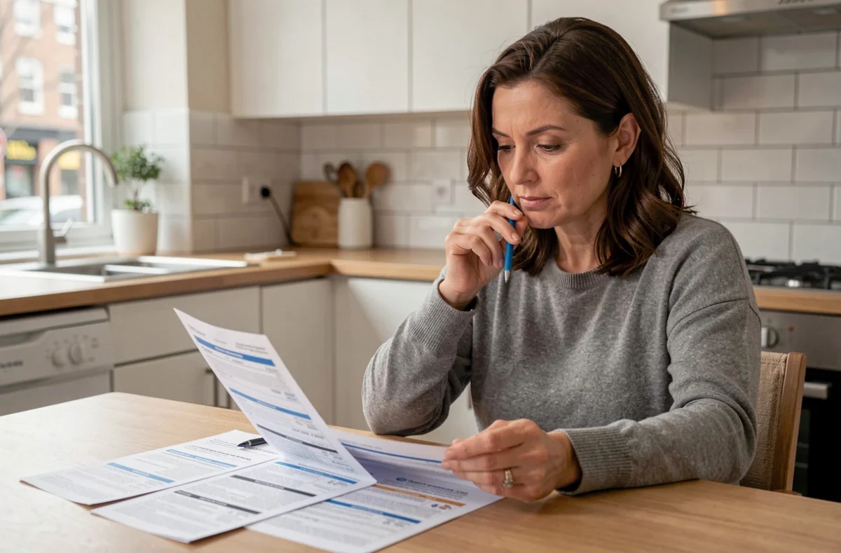 Femme comparant des devis d'assurance habitation transmis par un courtier à domicile