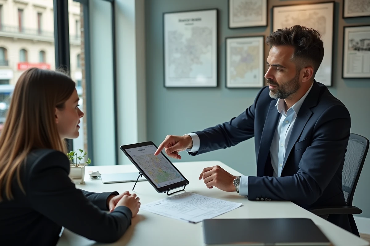 Agent immobilier conseillant un client sur les options d'achat et de location à Lyon en consultant une carte interactive des arrondissements