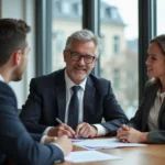 Conseiller immobilier souriant avec couple à Lyon