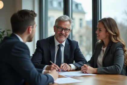 Conseiller immobilier souriant avec couple à Lyon