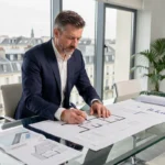 Conseiller immobilier analysant des plans et documents financiers dans une agence moderne à Lyon pour un investissement locatif défiscalisé