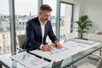 Conseiller immobilier analysant des plans et documents financiers dans une agence moderne à Lyon pour un investissement locatif défiscalisé