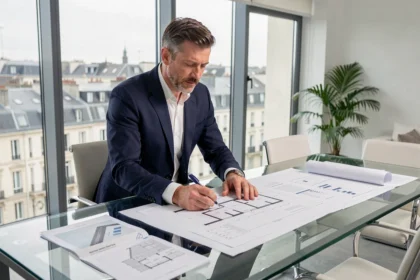 Conseiller immobilier analysant des plans et documents financiers dans une agence moderne à Lyon pour un investissement locatif défiscalisé