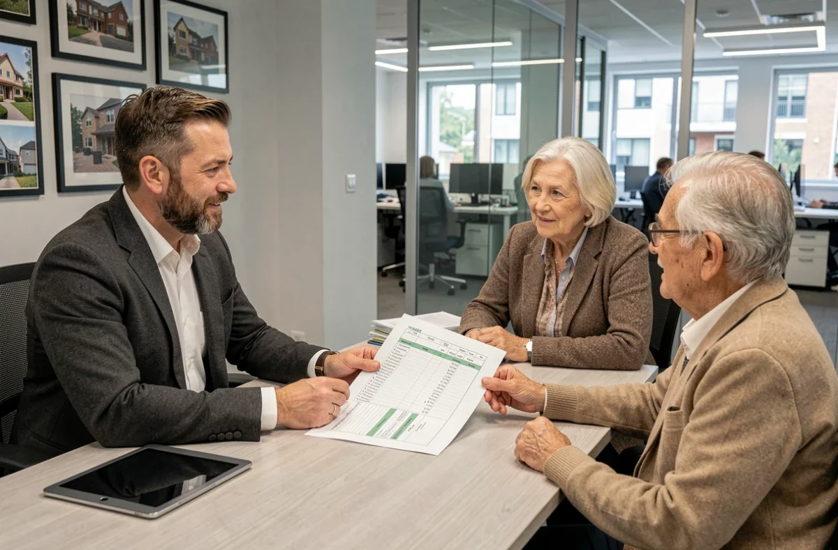 Un conseiller immobilier présente un simulateur viager Excel à un couple de seniors lors d'une consultation en agence