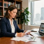 Conseillère en patrimoine immobilier analysant un portefeuille d'investissements fonciers dans un bureau professionnel