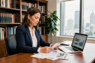 Conseillère en patrimoine immobilier analysant un portefeuille d'investissements fonciers dans un bureau professionnel
