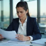 Femme consultant une liste noire de promoteurs immobiliers sur ordinateur dans un bureau professionnel