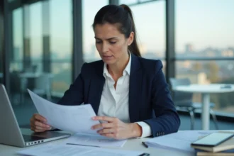 Femme consultant une liste noire de promoteurs immobiliers sur ordinateur dans un bureau professionnel