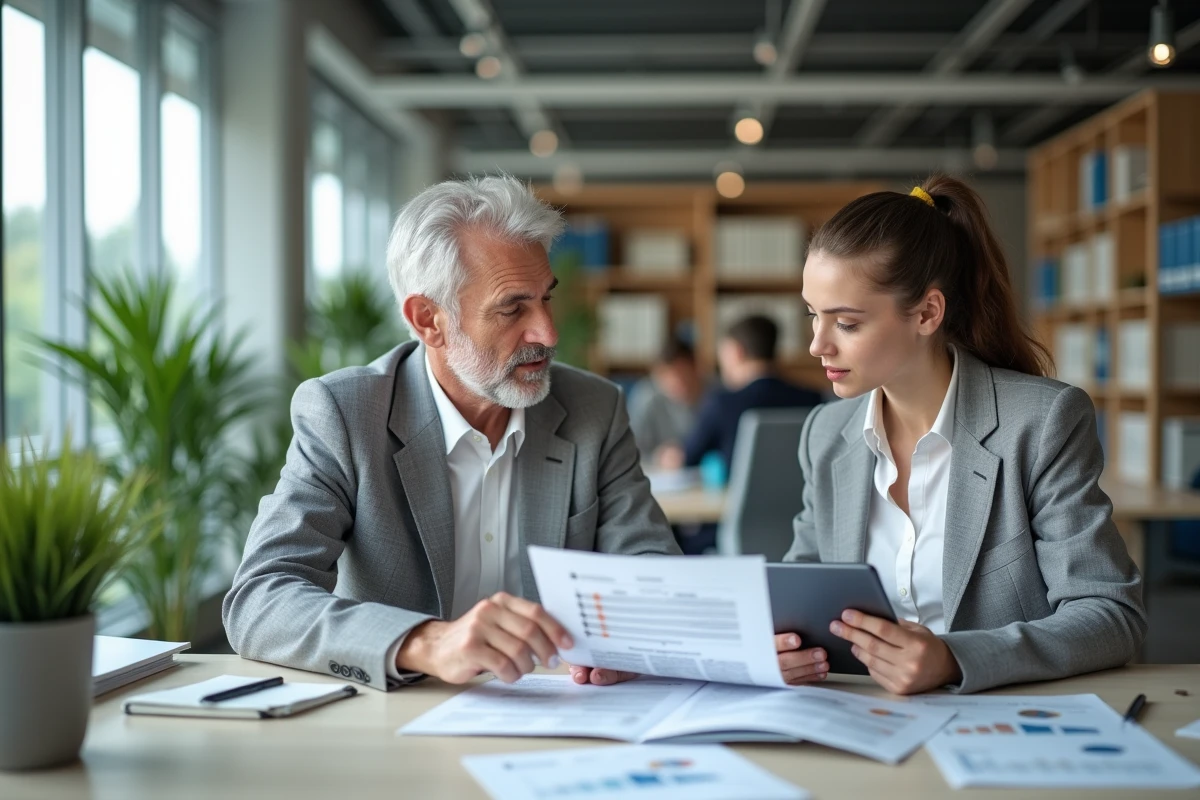 Consultation de documents de politique du logement entre professionnels dans un bureau moderne