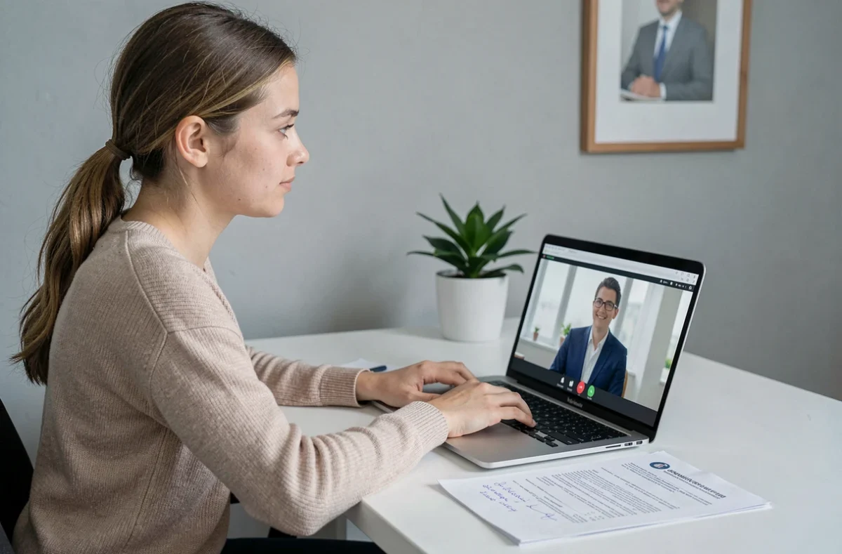 Jeune femme en consultation vidéo avec son courtier pour choisir une assurance habitation