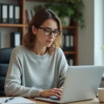 Femme consultant le cadastre en ligne sur un ordinateur portable dans un bureau à domicile pour identifier le propriétaire d'une maison