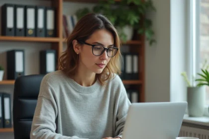 Femme consultant le cadastre en ligne sur un ordinateur portable dans un bureau à domicile pour identifier le propriétaire d'une maison