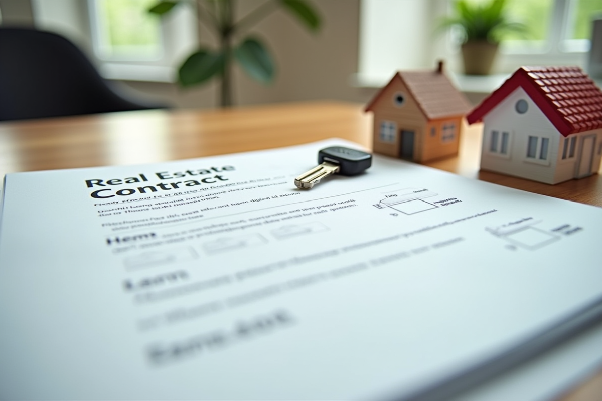 Contrat immobilier avec clés et maquette de maison sur une table