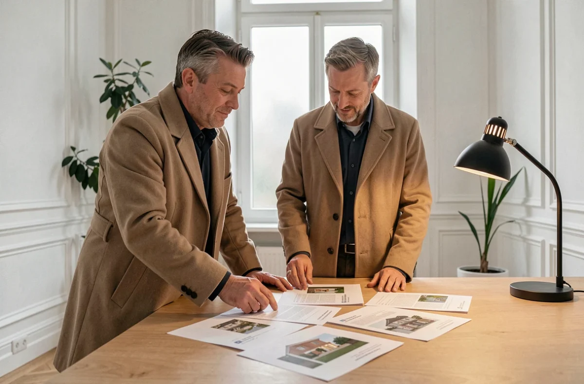 Couple examinant des documents d'achat immobilier neuf dans un bureau notarial parisien moderne