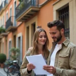 Couple étudiant des documents immobiliers devant un immeuble en pierre typique de Lyon, illustrant le dilemme entre louer et acheter en 2026
