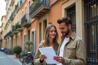Couple étudiant des documents immobiliers devant un immeuble en pierre typique de Lyon, illustrant le dilemme entre louer et acheter en 2026
