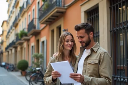 Couple étudiant des documents immobiliers devant un immeuble en pierre typique de Lyon, illustrant le dilemme entre louer et acheter en 2026