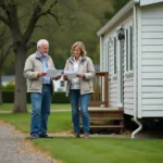 Couple examinant des documents sur une parcelle de terrain avec un mobil home dans un parc résidentiel
