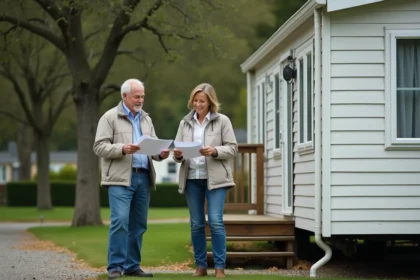 Couple examinant des documents sur une parcelle de terrain avec un mobil home dans un parc résidentiel