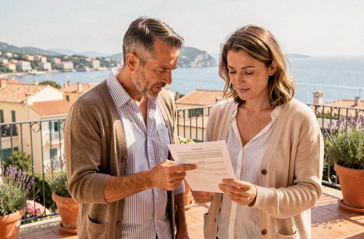 Couple vérifiant leur contrat d'assurance habitation sur une terrasse avec vue sur la baie de Cannes
