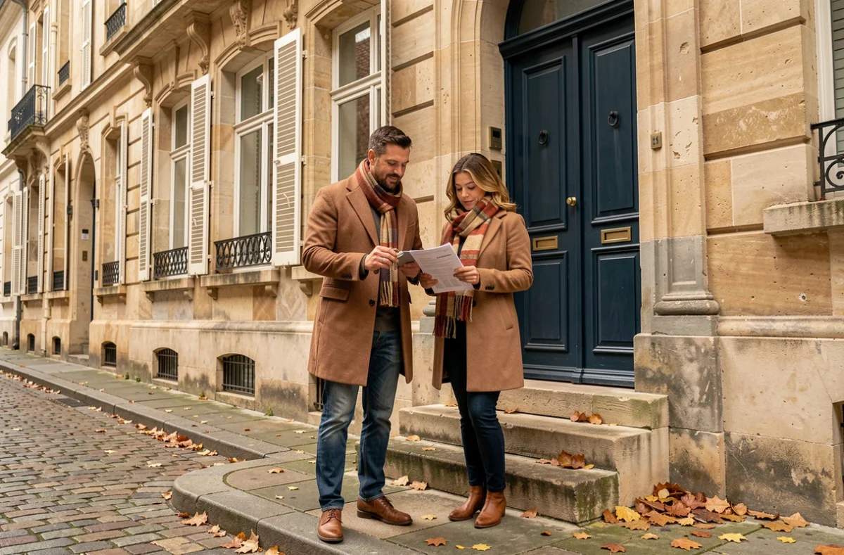 Couple consultant des documents d'assurance habitation devant une maison en pierre à Nantes