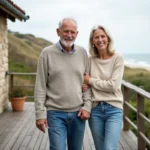 Couple souriant devant maison normande et mer