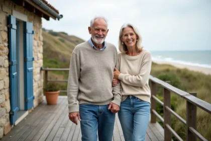 Couple souriant devant maison normande et mer