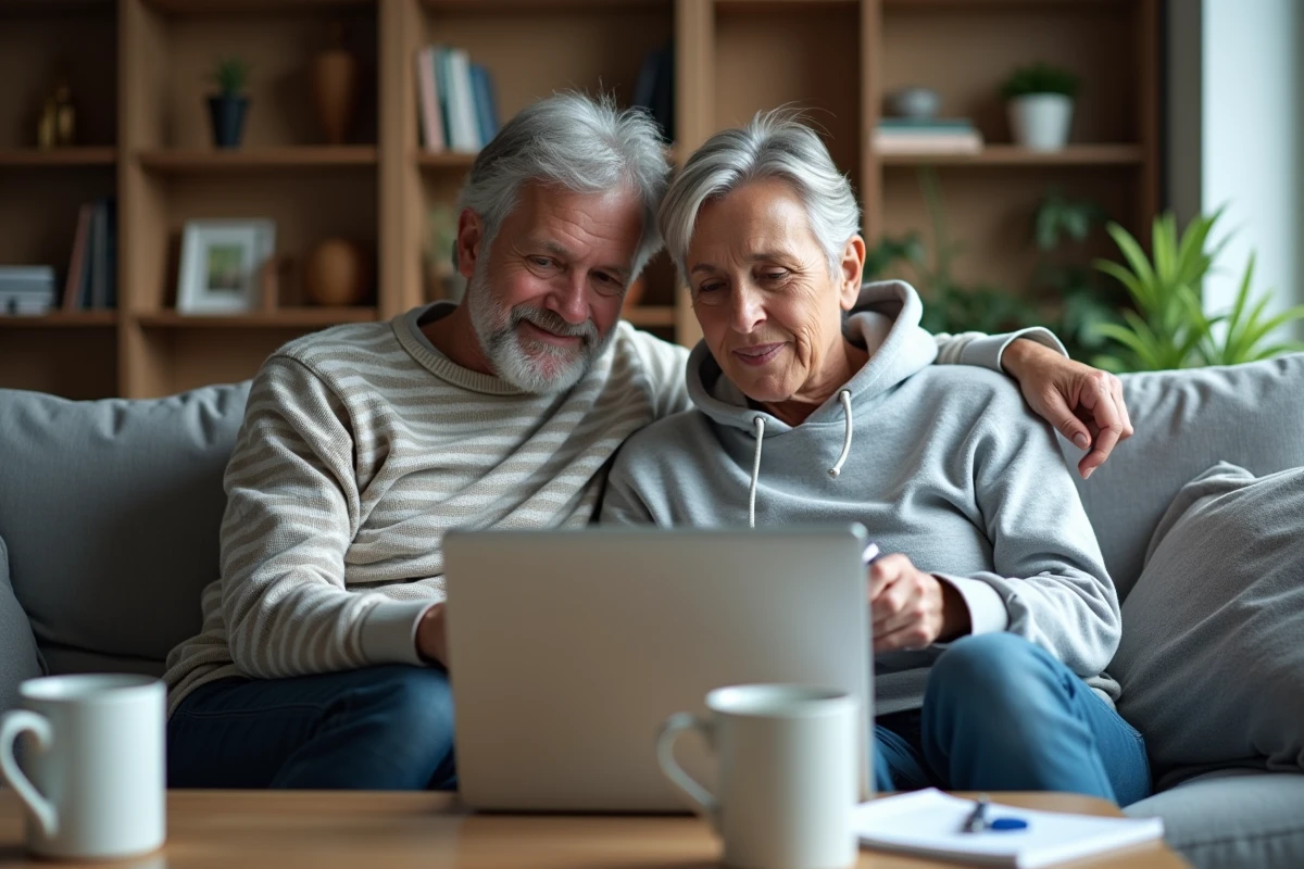 Couple comparant des offres d'assurance de prêt immobilier en ligne depuis leur domicile