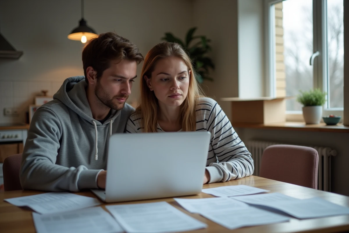 Couple gérant les démarches de changement de contrat EDF sur un ordinateur portable entouré de documents d'emménagement