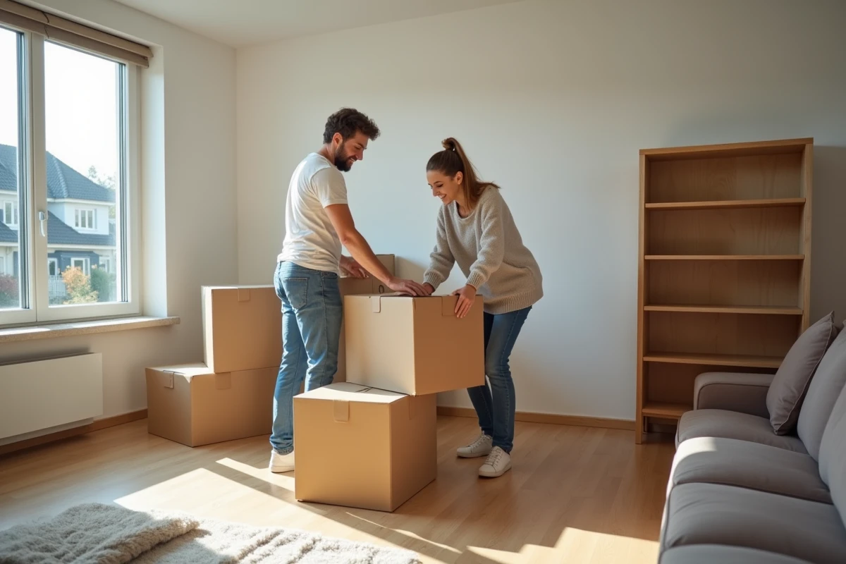 Couple emménageant dans un appartement T2 en périphérie de ville, espace plus grand mais éloigné du centre, compromis entre surface et accessibilité