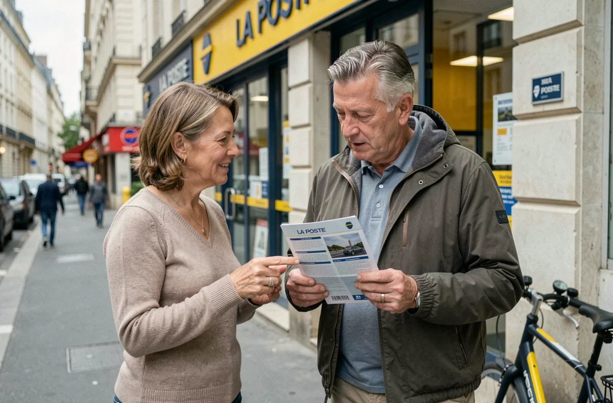 Couple consultant un devis d'assurance habitation La Poste devant une agence postale en ville