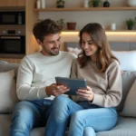 Jeune couple discutant d interieur dans un studio moderne