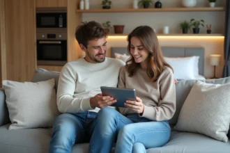Jeune couple discutant d interieur dans un studio moderne