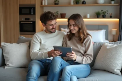 Jeune couple discutant d interieur dans un studio moderne