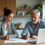 Couple d'adultes discutant avec documents et ordinateur