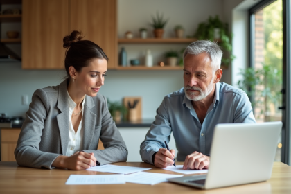 Couple d'adultes discutant avec documents et ordinateur