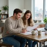 Jeune couple étudiant dans un appartement moderne