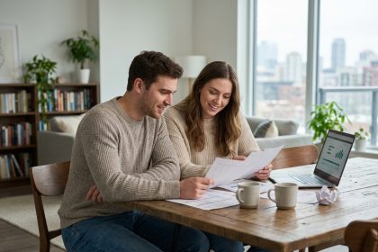 Jeune couple étudiant dans un appartement moderne