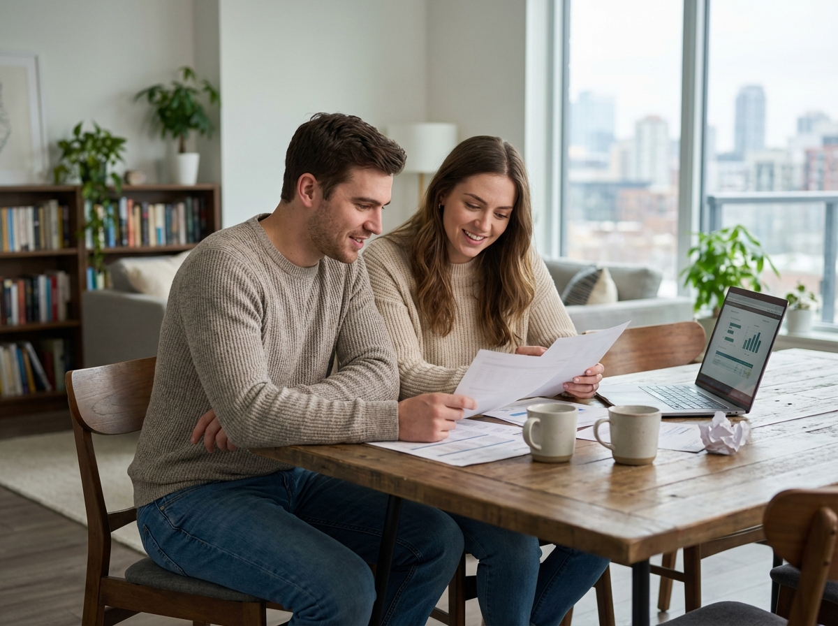 Jeune couple étudiant dans un appartement moderne