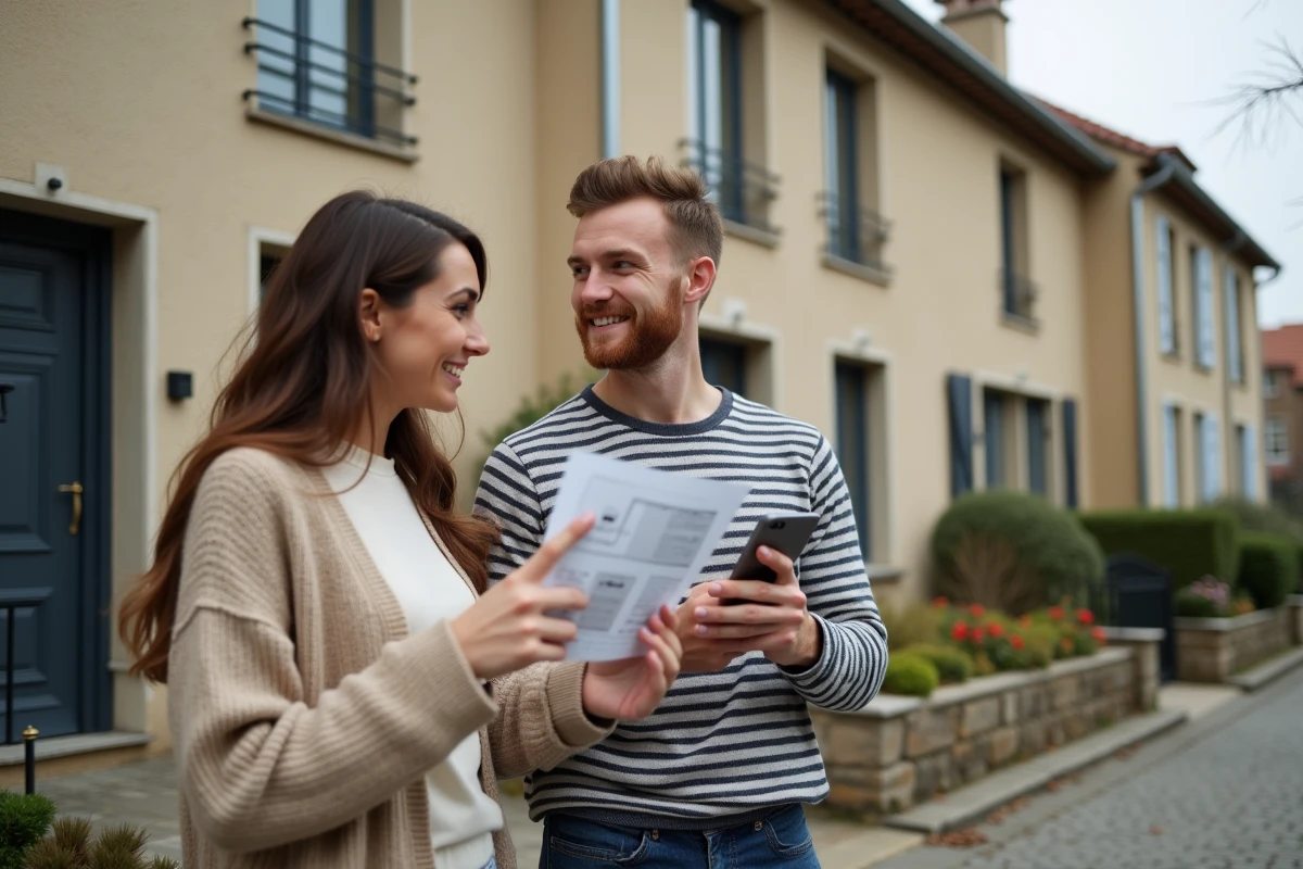 Couple d'étudiants visitant une maison à vendre dans le cadre d'un projet d'achat immobilier financé par un prêt étudiant