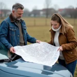 Couple examine une carte cadastrale dans un champ
