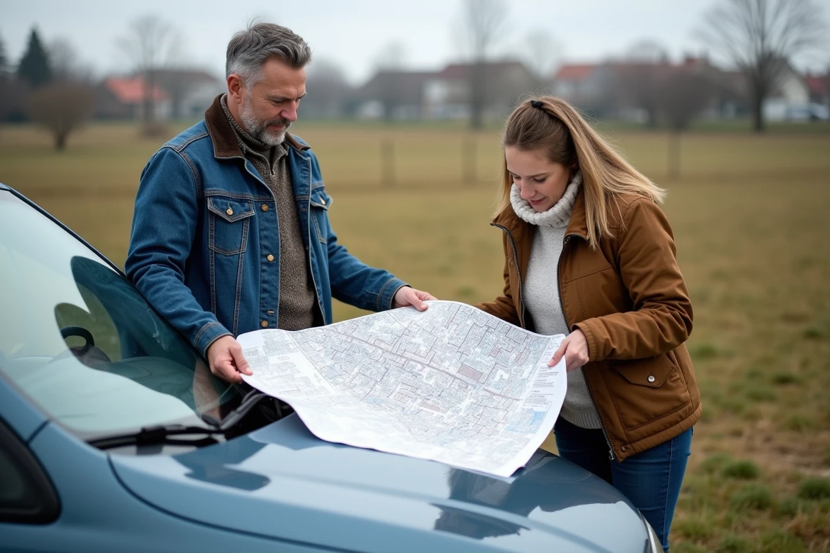 Couple examine une carte cadastrale dans un champ